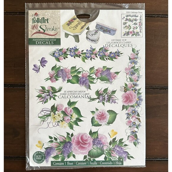 NEW Decals Plaid FolkArt One Stroke Handpainted Look Decals Cabbage Rose #1055 - Picture 1 of 2
